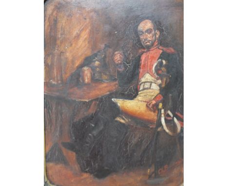 CHARLES B?; A 19th century study of a seated French army officer at a table, signed lower right, oil on board, framed, 23 x 1