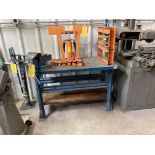 LOT OF steel construction workbench with vise and manual press. 48 in w x 24 in d