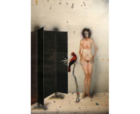 GAZOVIC  Vladimír (1939 Bratislava, Slowakei) "Frau mit Vogel" unbekleidet, frontal stehend, links neben ihr ein rotgefiedert