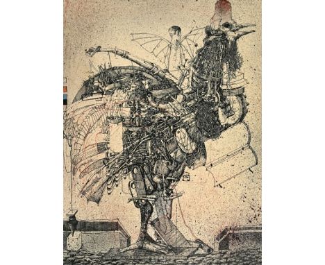 KÁLLAY  Dusan (1948 Bratislava, Slowakei) "Mechanischer Vogel" auf dem ein beflügelter Junge reitet, Lithographie, teilkolori