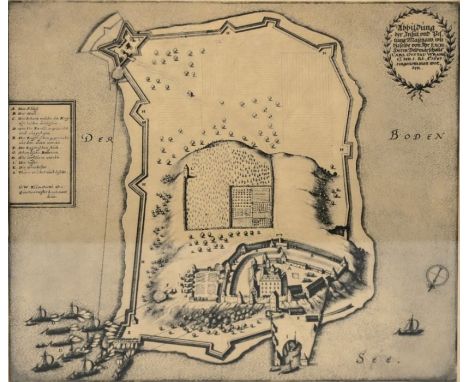 MAINAU  "Mainau im Bodensee" aus der Vogelschau im 30 jährigen Krieg, M. Merian, 1647, Kupferstich aus Theatrum Europaeum; 28