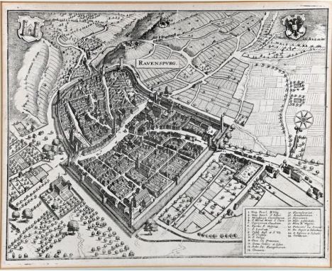 RAVENSBURG  "Ravenspurg", Ansicht aus der Vogelschau, Kupferstich von M. Merian aus der Topographiae Sueviae, um 1640, 28x35,