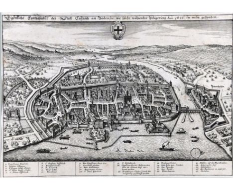 KONSTANZ  "Eigentliche Contrafactur der Statt Constantz am Bodensee", Blick auf die Stadt und den Bodensee, Kupferstich von M