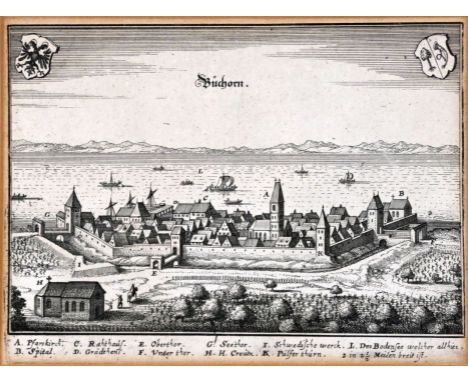 FRIEDRICHSHAFEN  "Buchhorn", Ansicht auf Buchhorn, heute Friedrichshafen, im Hintergrund der Bodensee, Kupferstich von M. Mer