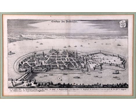 LINDAU  "Lindaw am Bodensee", Blick auf die Stadt und den See, Kupferstich von M. Merian, um 1650, 17,5x31cm (Abb.), PP, R