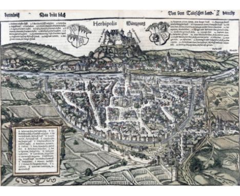 WÜRZBURG  "Herbipolis Würzpurg" Blick auf die Stadt aus der Vogelschau mit Wappen und Titel im Himmel, links unten eingerahmt