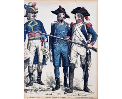 MILITÄR  "General, Offizier, Infanterie", kolorierter Holzstich, unten betitelt "General 1795. Leichte Infanterie Offizier 17