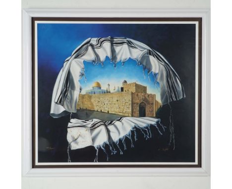 This framed print, titled "Judica," captures a vivid and symbolic scene featuring the Western Wall of Jerusalem, framed by th