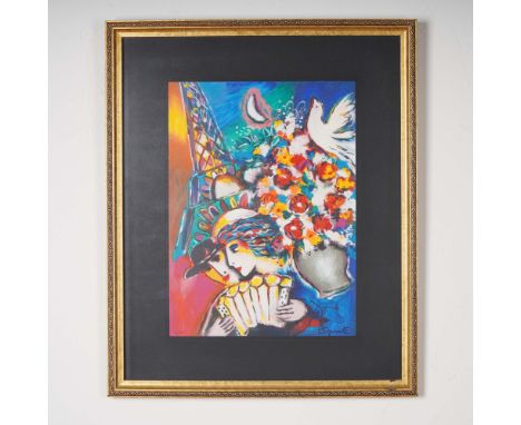 Vivid and expressive embellished serigraph on Paper by Zamy Steynovitz, titled Parisian Lovers with Accordion and Eiffel Towe