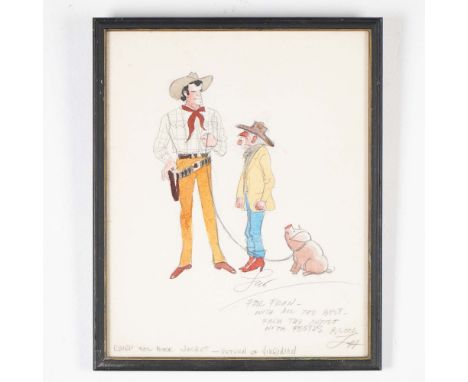 Framed original sketch artwork for a book jacket titled Return of Virginian. The humorous illustration features a cowboy, an 