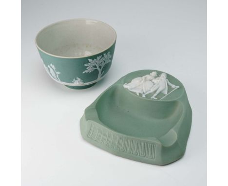 Classic sage green Jasperware by Wedgwood, featuring one round bowl and one ashtray. The bowl is decorated with white relief 
