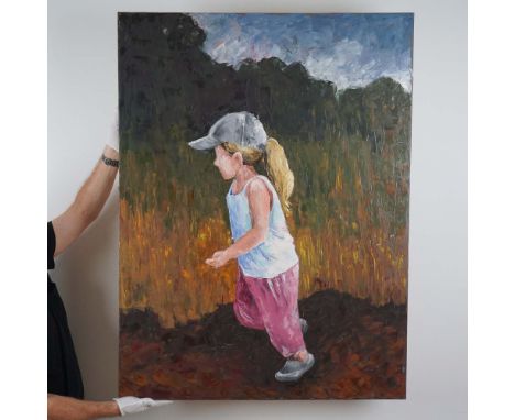 This vibrant oil painting by artist Annette Krauss Rose captures the innocence and energy of childhood through the depiction 