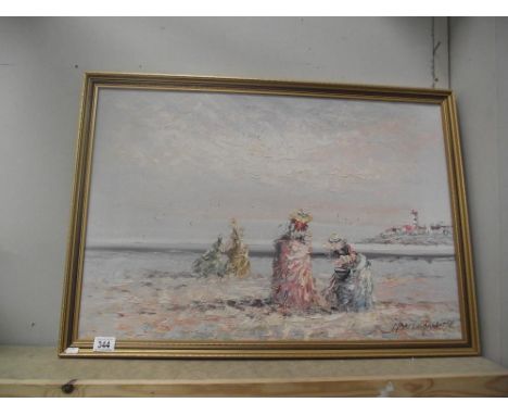 An oil on canvas vintage beach scene signed Marie Charlotte