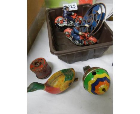 2 vintage Tin plate friction motor cycles, clockwork duck, Lehman hot air balloon etc.,