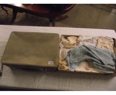 A small vintage case and additional box of mainly vintage children's clothes, christening gowns, dresses, bonnet etc a/f