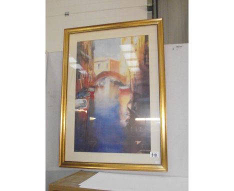 A framed and glazed print of a watercolour Venetian scene