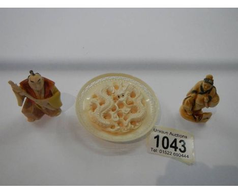 2 19th century painted ivory netsuke and a miniature dragon plaque.