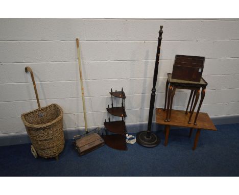 A QUANTITY OF OCCASIONAL FURNITURE, to include a wheeled wicker shopping basket, a vintage push along vacuum cleaner, teak co