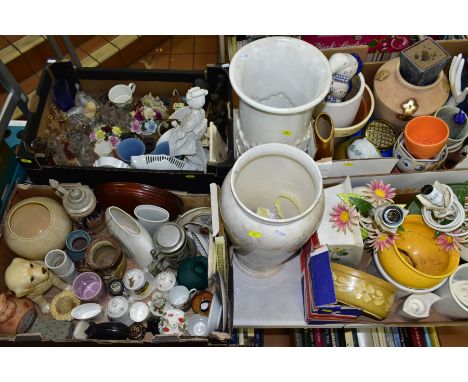 FOUR BOXES OF CERAMICS AND GLASS, ETC, to include a crested ware Cenotaph with George VI Coronation transfer and painted deco