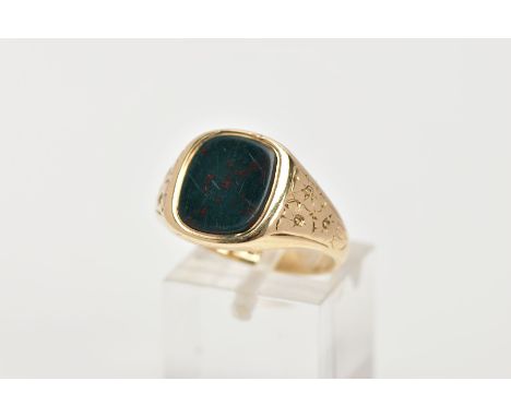 A GENTS 9CT GOLD SIGNET RING, designed with a rounded bloodstone, floral engraved shoulders, hallmarked 9ct gold Birmingham, 