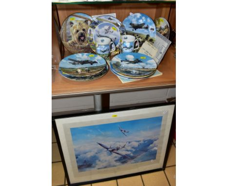 TEN COLLECTORS PLATES, TWO COLLECTORS MUGS AND A PRINT, including seven Royal Doulton Bradex 'Heroes of the Sky' plates 1-6 a