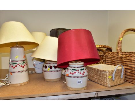 TABLE LAMPS AND WICKER BASKETS, ETC, comprising of three Nicholas Mosse pottery lamps with shades, an American Jackson stonew
