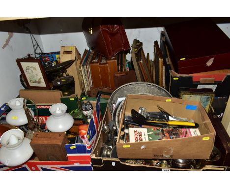 BOXES AND LOOSE OF MISCELLANEOUS ITEMS, including books, vinyl records, pictures, three wooden cases containing several hundr