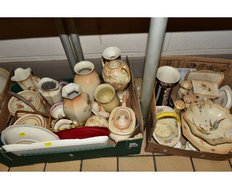 A BOX AND LOOSE OF CROWN DUCAL BLUSH IVORY POTTERY, ETC, including two biscuit barrels with wicker handles,, both s.d., one c