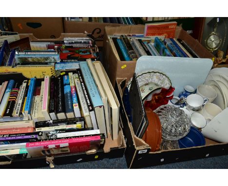 FIVE BOXES AND LOOSE CERAMICS, GLASS, BOOKS, CLOCKS, ETC, to include miscellaneous book titles, a 'Swiss' quartz timepiece (b