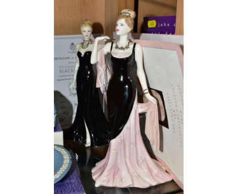 TWO FIGURINES AND FIVE PIECES OF BOXED WEDGWOOD JASPERWARE, TRINKETS, etc to include a Coalport limited edition 'A Moment To 