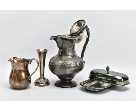 A SELECTION OF ITEMS, to include an AF, white metal floral and foliate embossed water jug, (unattached finial), scroll foliat