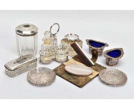 A SELECTION OF SILVER ITEMS, to include a three-piece cruet set comprising a cut glass salt with a silver salt spoon, hallmar