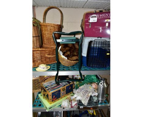 A QUANTITY OF WICKER BASKETS, FISHING CREELS, MODERN COLLECTORS DOLLS, RECORDS, DVDS, BOOKS, etc, including a plastic pet car