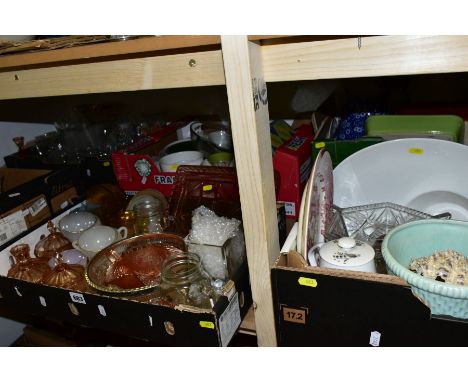 SIX BOXES OF CERAMICS AND GLASSWARE, including Queensberry part coffee service, assorted serving dishes, vases and jugs, pink