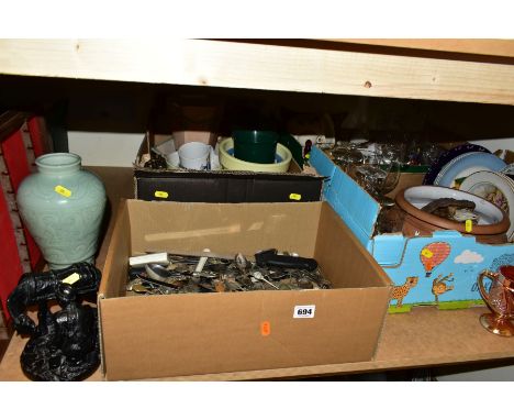 FOUR BOXES AND LOOSE CERAMICS, GLASS, ETC, including a Chinese celendon shouldered vase, 27cm high, a collection of 'Holiday'