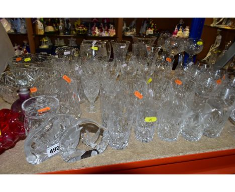 A SMALL PARCEL OF CUT GLASS, ETC,  to include the following sets- ten brandy glasses, six whisky glasses, six liqueur glasses