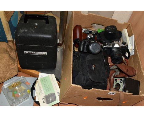 A BOX OF CAMERAS AND A PART BOXED BELL &amp; HOWELL MODEL 256EX 8MM MOVIE PROJECTOR, the cameras to include a Panasonic Lumix