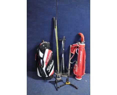TWO GOLF BAGS WITH VINTAGE CLUBS, including Slazenger, various garden tools, two musical instrument stands and two chairs (Sd
