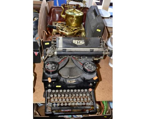 TWO BOXES AND LOOSE METALWARE, ETC, including a Royal Typewriter, a cased portable typewriter, a brass kettle with stand and 