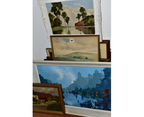 PAINTINGS AND PRINTS, ETC, to include a George Deakins painting of boats, possibly in Venice, signed and dated 1974, two impr