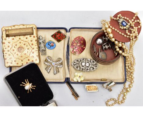 A BOX OF ASSORTED ITEMS, to include a 'Stratton' compact with an attached lipstick holder, various cufflinks and tie clips, a