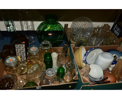 THREE BOXES AND LOOSE CERAMICS AND GLASS etc, to include a Mason Cash mixing bowl, Chinese bowls, Aztec style sculpture, clay