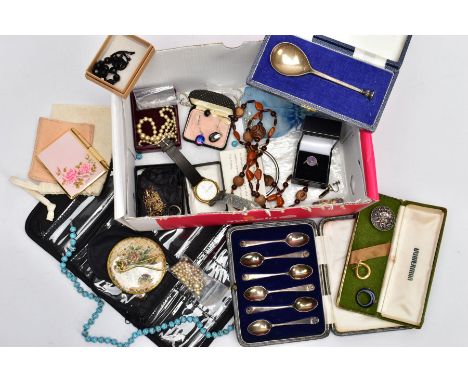 A BOX OF MISCELLANEOUS ITEMS, to include a cased set of six silver coffee spoons, shell detailed terminal, each hallmarked 'C