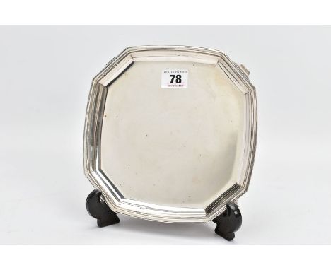 A STERLING SILVER MAPPIN &amp; WEBB SALVER, with slightly rounded sides and cut corners, stepped rim, approximately 220mm in 