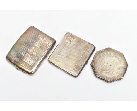 TWO SILVER CIGARETTE CASES AND A SILVER HEXAGONAL COMPACT, the compact with an engine turned design and an art deco detail to