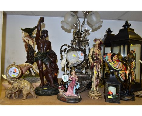 A GROUP OF MODERN TABLE LAMPS, CLOCKS, FIGURES, CANDLE HOLDERS etc, comprising of a Juliana ornamental clock having putti and