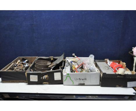 FOUR TRAYS CONTAINING TOOLS AND HARDWARE including sockets, grease guns, a jack, door furniture, nuts, bolts and screws, a to