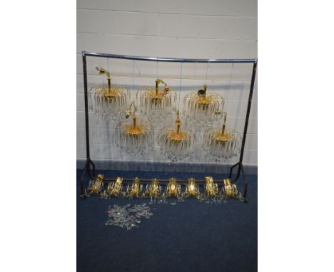 A FOURTEEN PIECE BRASSED CHANDELIER/WALL LIGHTS, to include six teardrop chandeliers with glass droppers, diameter 46cm x dro