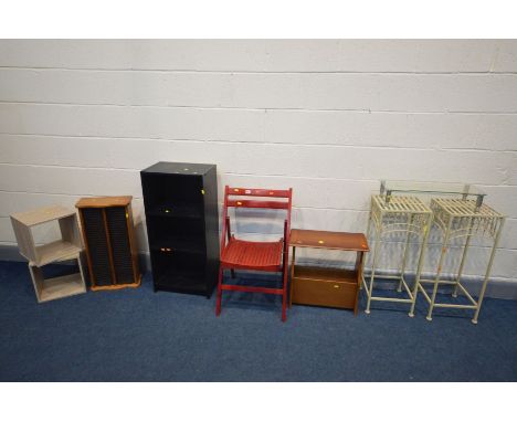 A QUANTITY OF OCCASIONAL FURNITURE, to include a pair of wrought iron plant stands, yewwood magazine rack, folding chair, bla