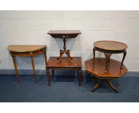 FIVE VARIOUS PIECES OF YEW WOOD OCCASIONAL FURNITURE, to include an octagonal occasional table, hall table, lamp table and tw